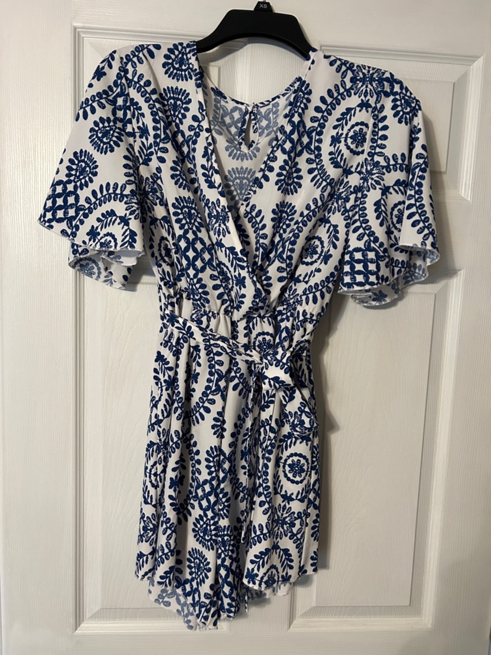 SHEIN White Romper with Navy Medallion Print